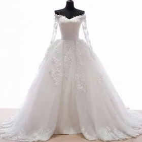 off shoulder sheer long sleeve lace tulle wedding dress