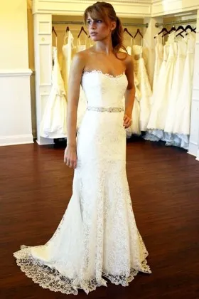 strapless ivory lace mermaid sweep train wedding dress