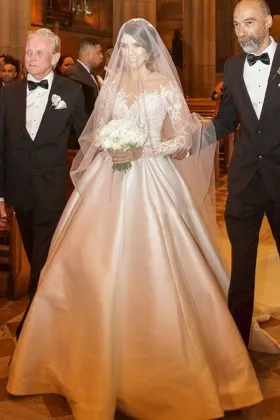 illusion long sleeves lace satin fashion wedding dress