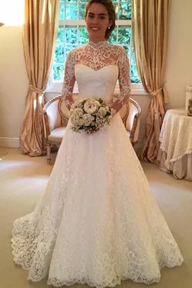 Illusion Lace Neck Sleeve Modest A line Wedding Dress