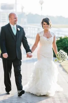 queen anna cap sleeve lace ruffled organza wedding gown