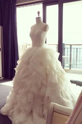 Cascading Ruffled Organza Strapless Lace Bridal Gown