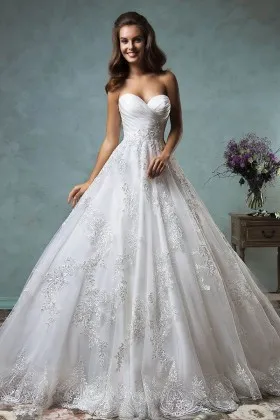 strapless sweetheart pleated satin lace bridal ballgown