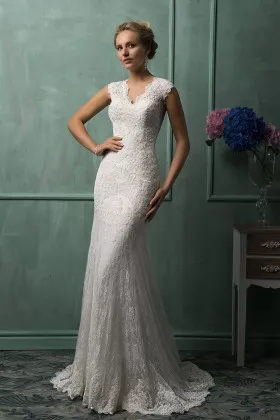 V neck cap sleeves lace mermaid elegant wedding dress