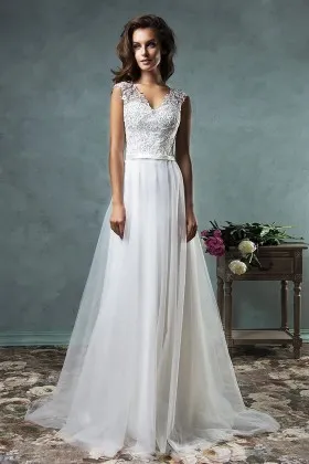 V neck cap sleeve lace tulle wedding dress with court train