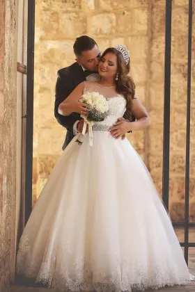 classic illusion lace tulle and satin puffy bridal gown