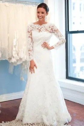 illusion long sleeve lace mermaid modest wedding dress