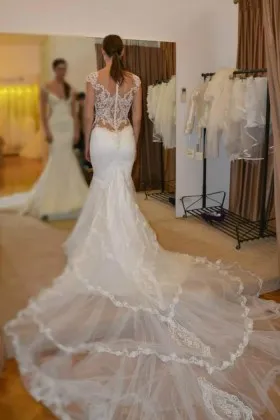 lace and tulle cathedral train mermaid satin bridal dress