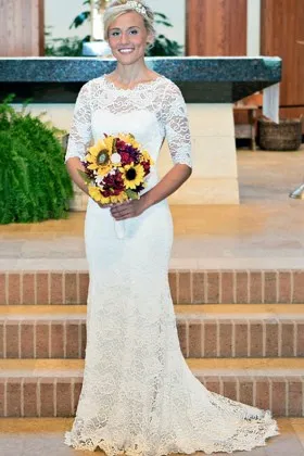 lace illusion neck half sleeves mermaid wedding dress