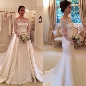 long sleeves beaded lace satin overskirt wedding gown