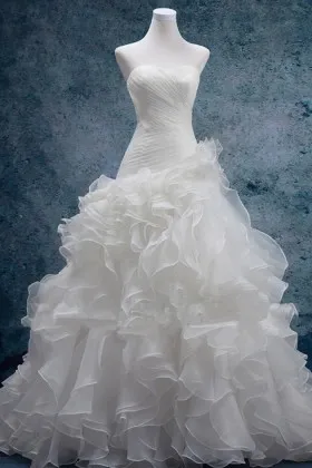 Pleated Strapless Ruffled Organza Lace up Wedding Dress