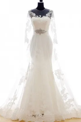 sheer lace overlay satin sleeved mermaid wedding dress