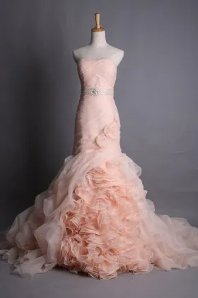 peach pink organza flowers pleated ruffled unique wedding gown