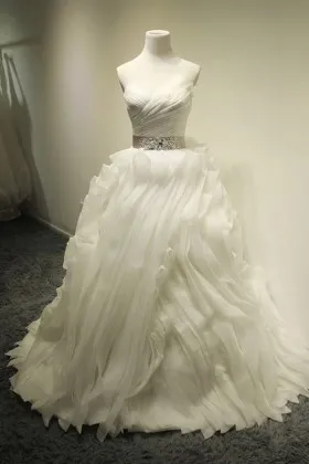 pleated flanged organza designer wedding gown