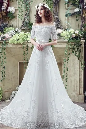 short sleeves off shoulder lace bohemian wedding dress
