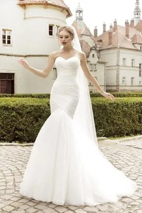 stylish pleated tulle drop waist mermaid wedding dress