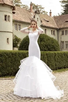 modern long sleeve lace tulle mermaid wedding dress