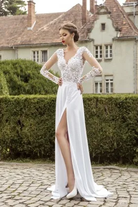 thigh high slit illusion long sleeve sexy wedding dress