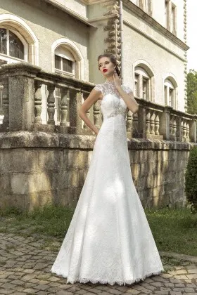 Vintage inspired lace cap sleeve high neck wedding gown