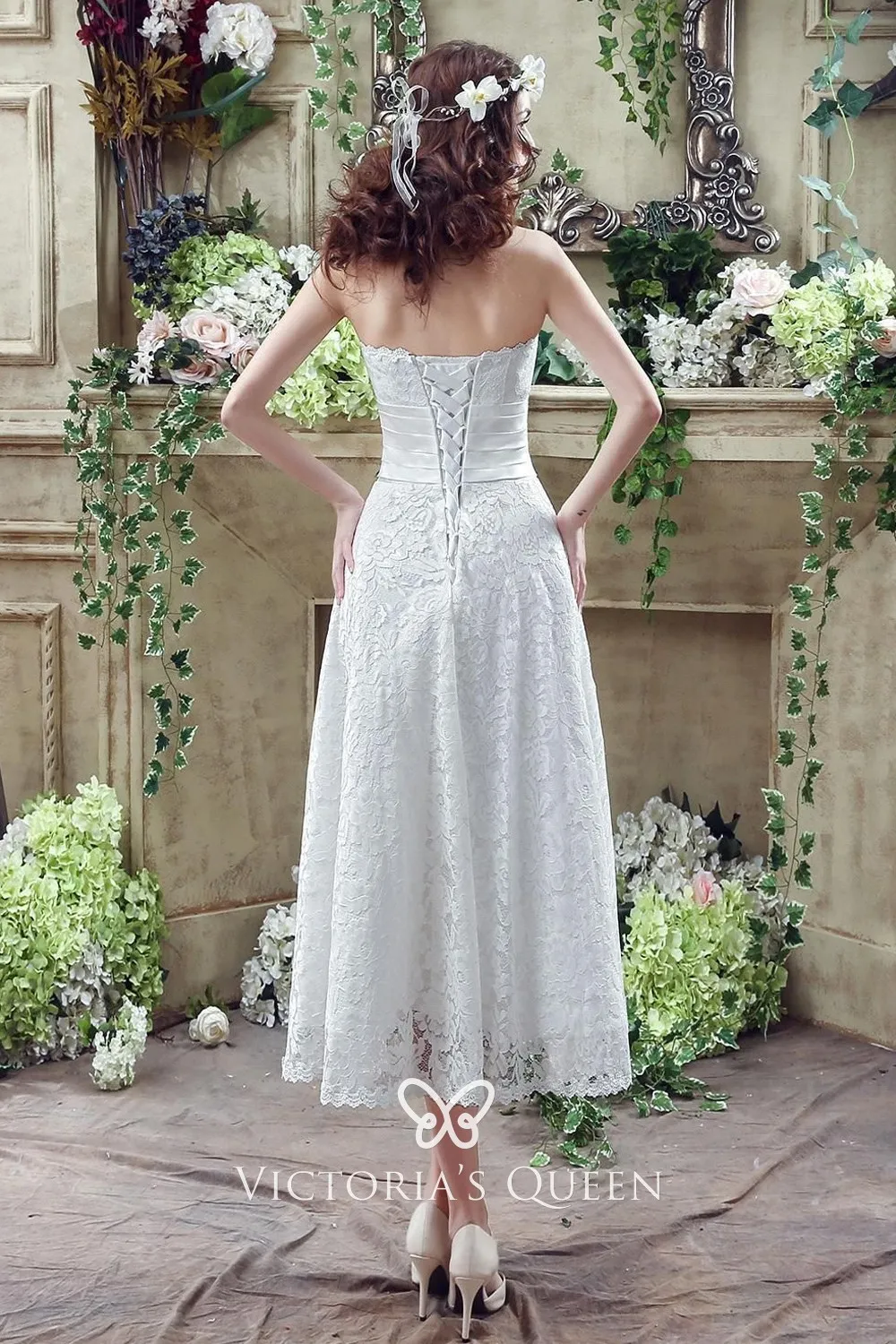 lace up back tea length lace simple bridal gown with wide satin belt lace up back tea length lace simple bridal gown with wide satin belt