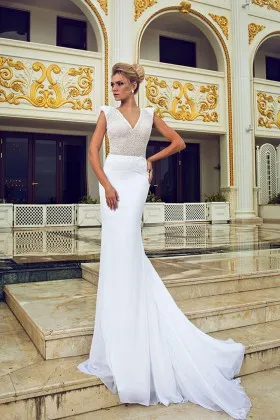 chic cap sleeve glitter chiffon mermaid wedding dress
