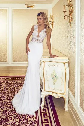 sexy illusion plunging bodice white chiffon bridal gown