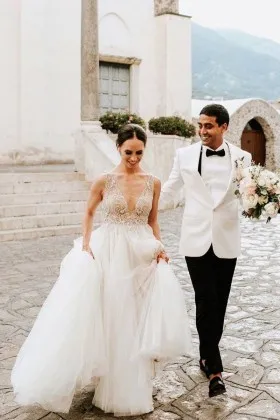 Nude lace bodice ivory tulle destination wedding dress