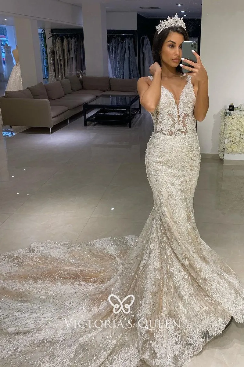 Glitter Lace Crepe Godet Mermaid Chapel Train Wedding Dress main image 0