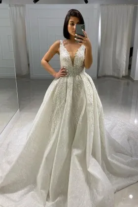 Sparkly glitter plunging neckline wedding gown