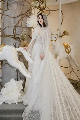 dress sparkly glitter dresses cloak ivory bridal princess sequined beaded lace glittering gown promfy