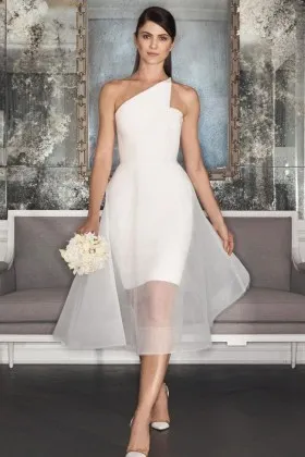 one shoulder mid length satin organza chic bridal dress