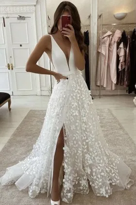 Beautiful yet sexy plunging neck slit floral bridal dress
