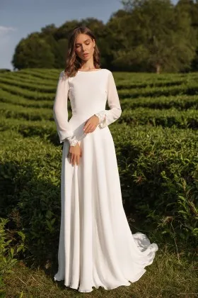 Illusion long sleeve ivory chiffon rustic wedding dress