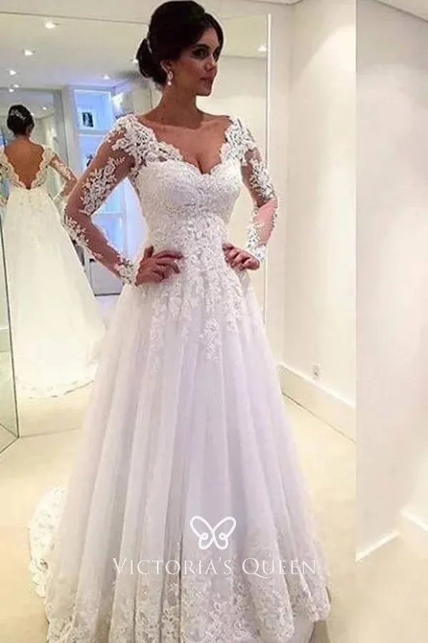 Scalloped V Neckline Lace Sheer Long Sleeve Wedding Dress - VQ