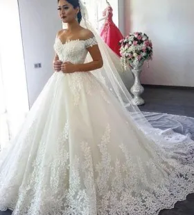 Willow leaf lace off the shoulder ball gown wedding dress