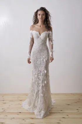 off the shoulder long sleeve 3d leaf lace boho wedding dress