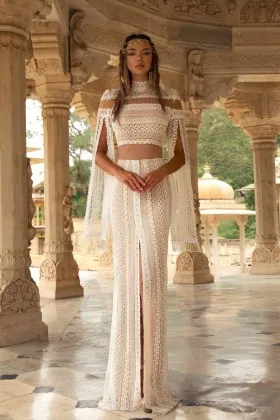 striped lace open long sleeves two piece wedding dress