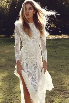 sheer lace chiffon long sleeve sheath bohemian bridal dress