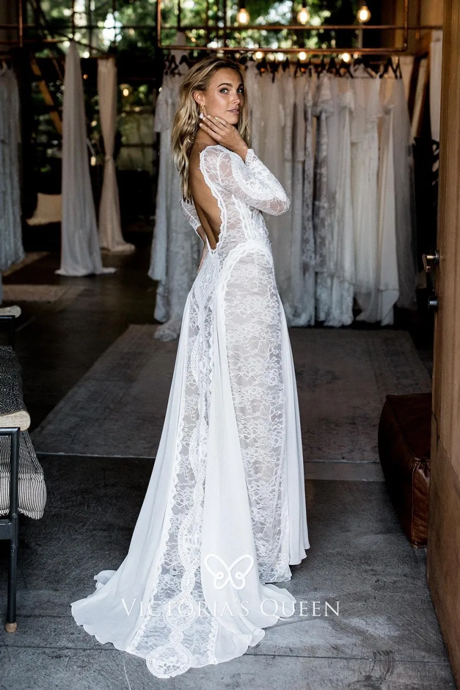 Sheer Lace Chiffon Long Sleeve Sheath Bohemian Bridal Dress - VQ