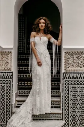 unique tassel sleeves patterned lace column bridal gown