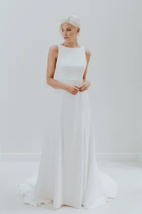 minimalist boat neck ivory satin A line wedding dress
