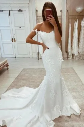 Flattering 3D flowers satin off shoulder wedding dress