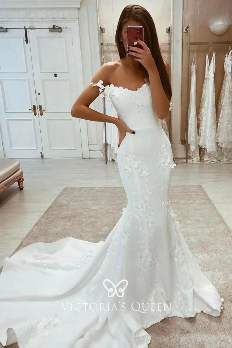 Draped V-neckline Sleeveless Back Zip-closure 3D Floral Sheath Satin Wedding Dress main image 1