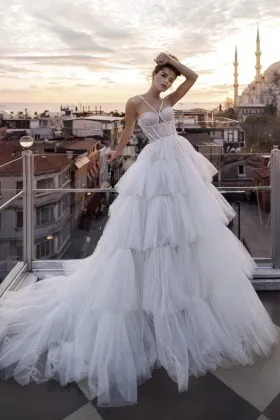 multi tiered tulle sweetheart destination wedding dress