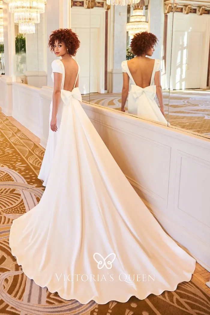 Elegant Boat Neck Detachable Train Satin Wedding Dress - VQ