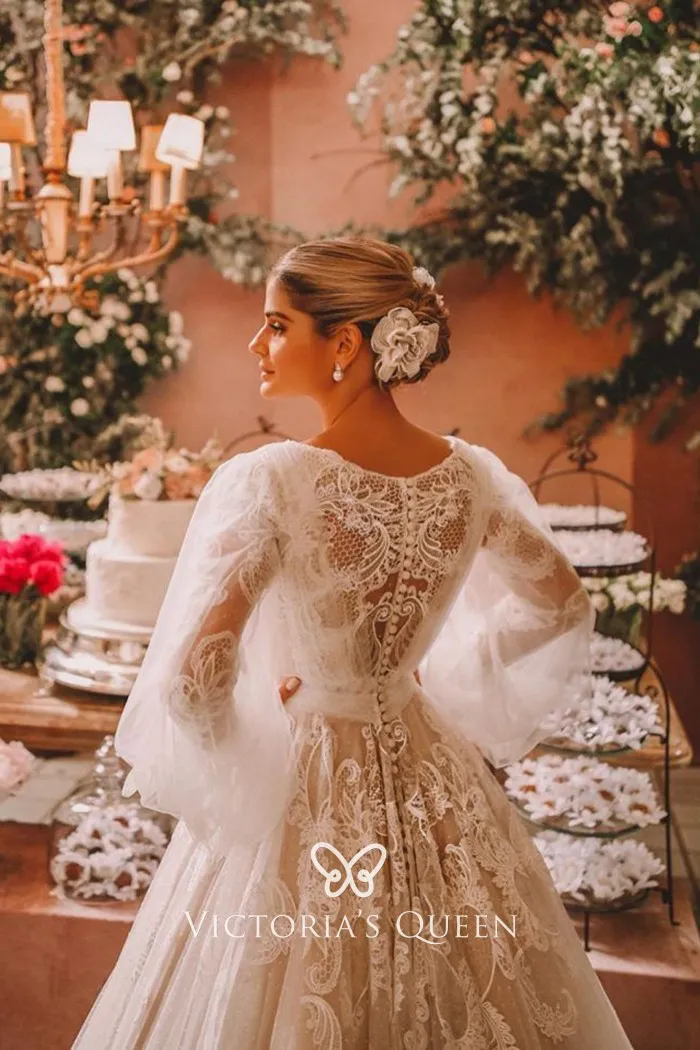 Princess Long Sleeve Lace & Tulle Puffy Wedding Dress - VQ