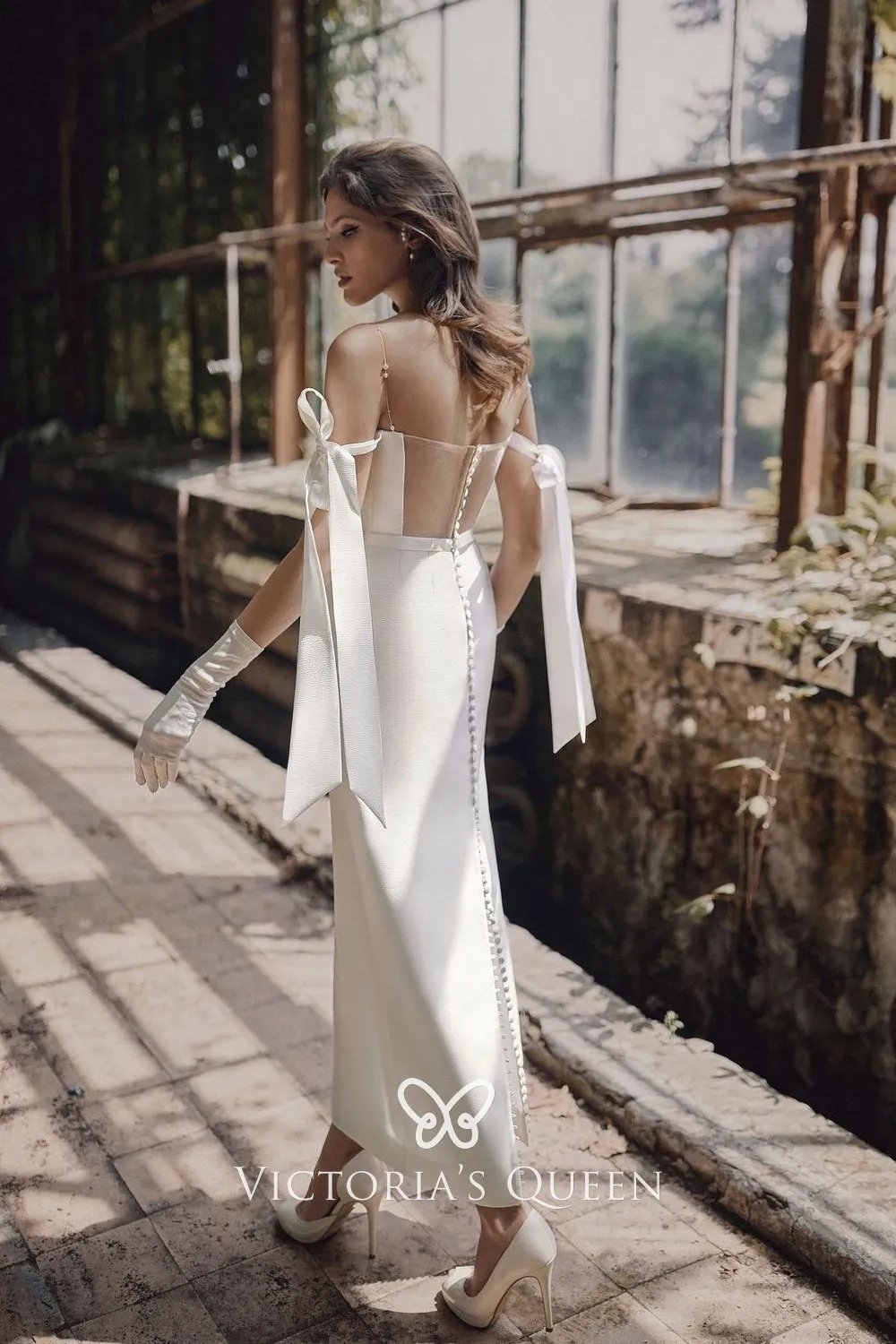 Elegant Bow Tie Straps Satin Sheath Informal Wedding Dress - VQ