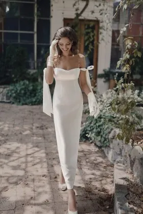 elegant bow tie straps satin sheath informal wedding dress