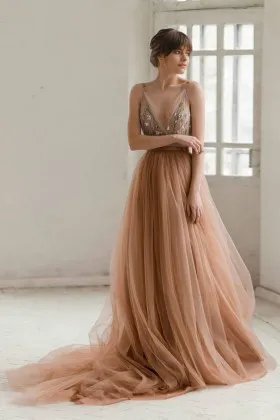 unique V neck embroidered lace nude tulle wedding dress
