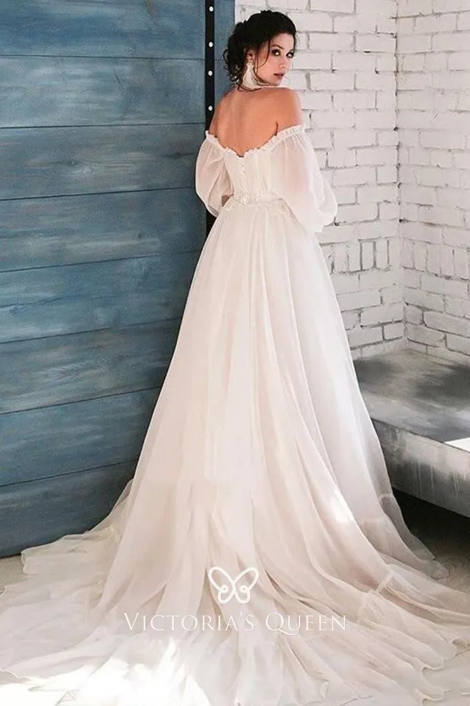 Boho Ethereal Ivory Chiffon Puff Sleeves Wedding Dress VQ